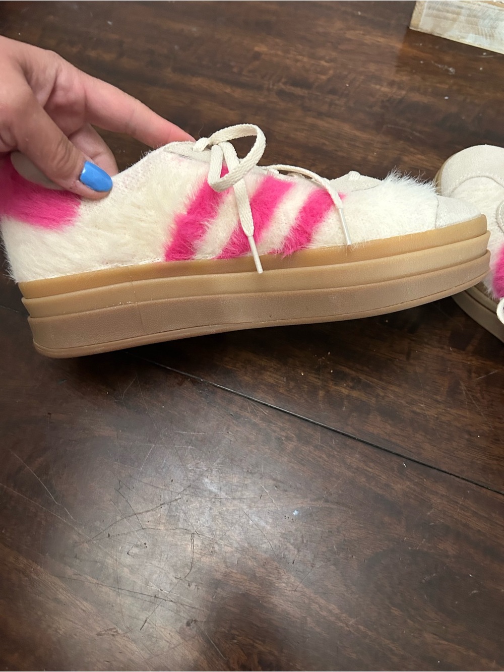 adidas Women’s Beige and Hot Pink Fuzzy Sneakers - Picture 2 of 8